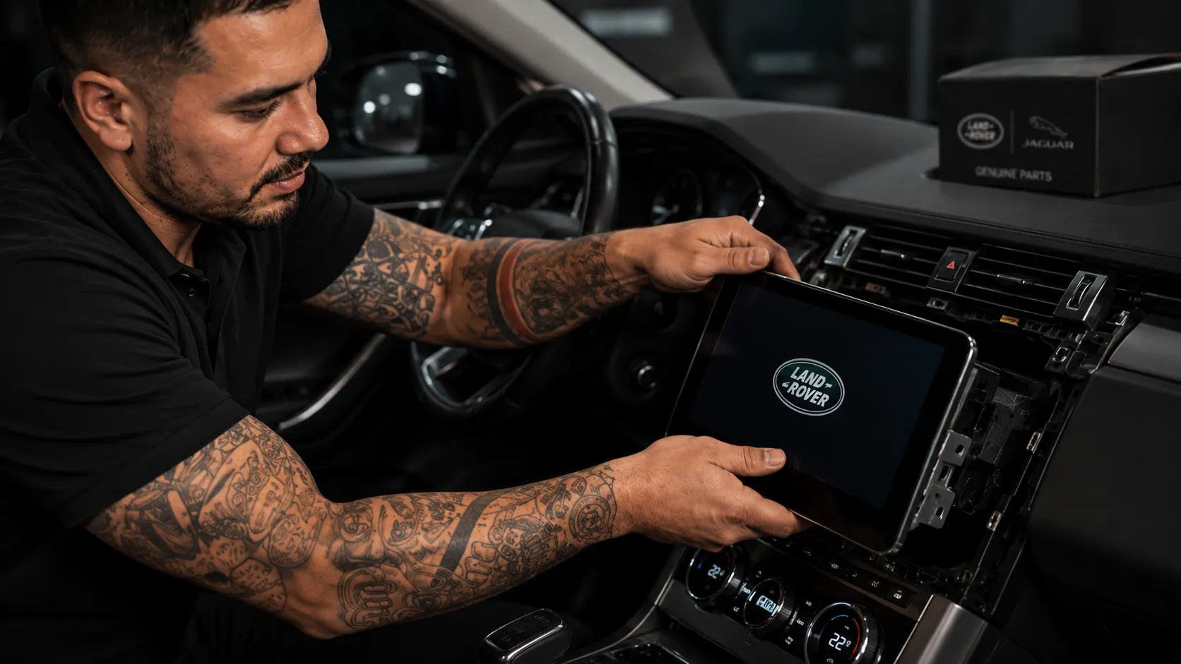 Genuine Part, Factory Coding Genuine PIVI Pro touchscreen being retrofitted into a Range Rover in Brisbane