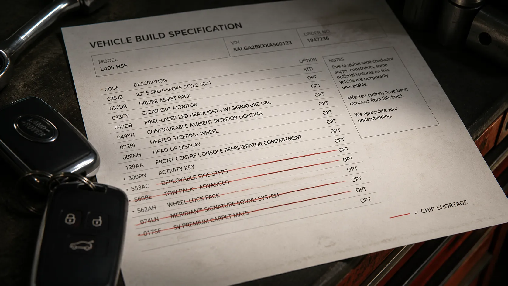 Land Rover build sheet with features removed during the semiconductor shortage