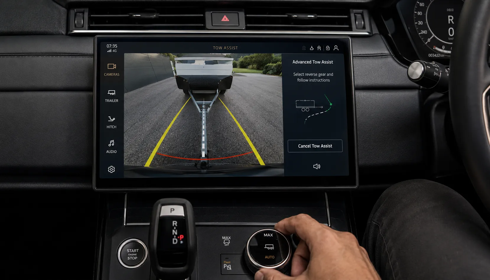 What Advanced Tow Assist Actually Does Advanced Tow Assist touchscreen showing trailer reversing path in a Land Rover in Brisbane