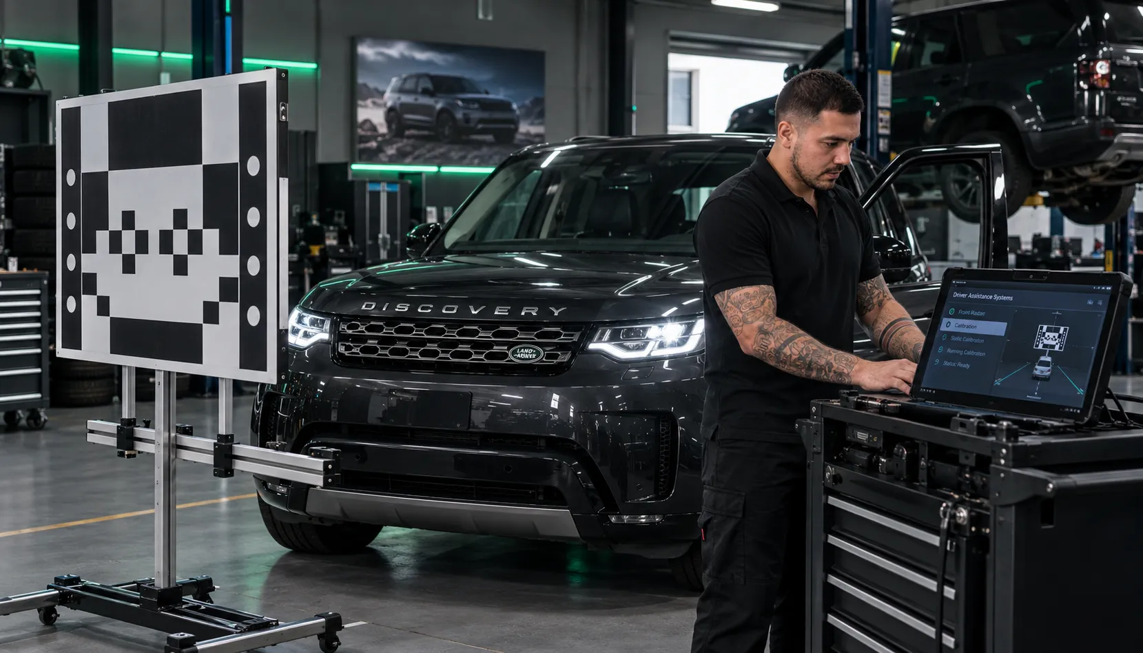 Factory-Trained Hands on a Driver Assistance System Factory-trained JLR technician calibrating adaptive cruise control radar in Capalaba Brisbane