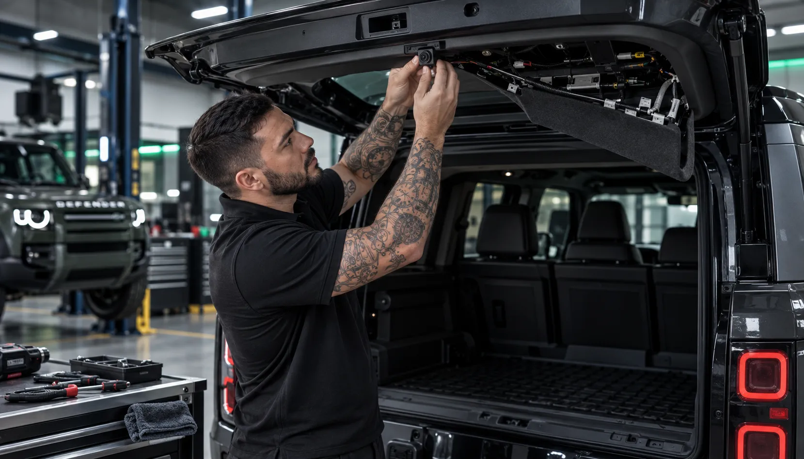 Factory-Trained Hands on What You See Factory-trained JLR technician fitting a ClearSight camera on a tailgate in Capalaba Brisbane