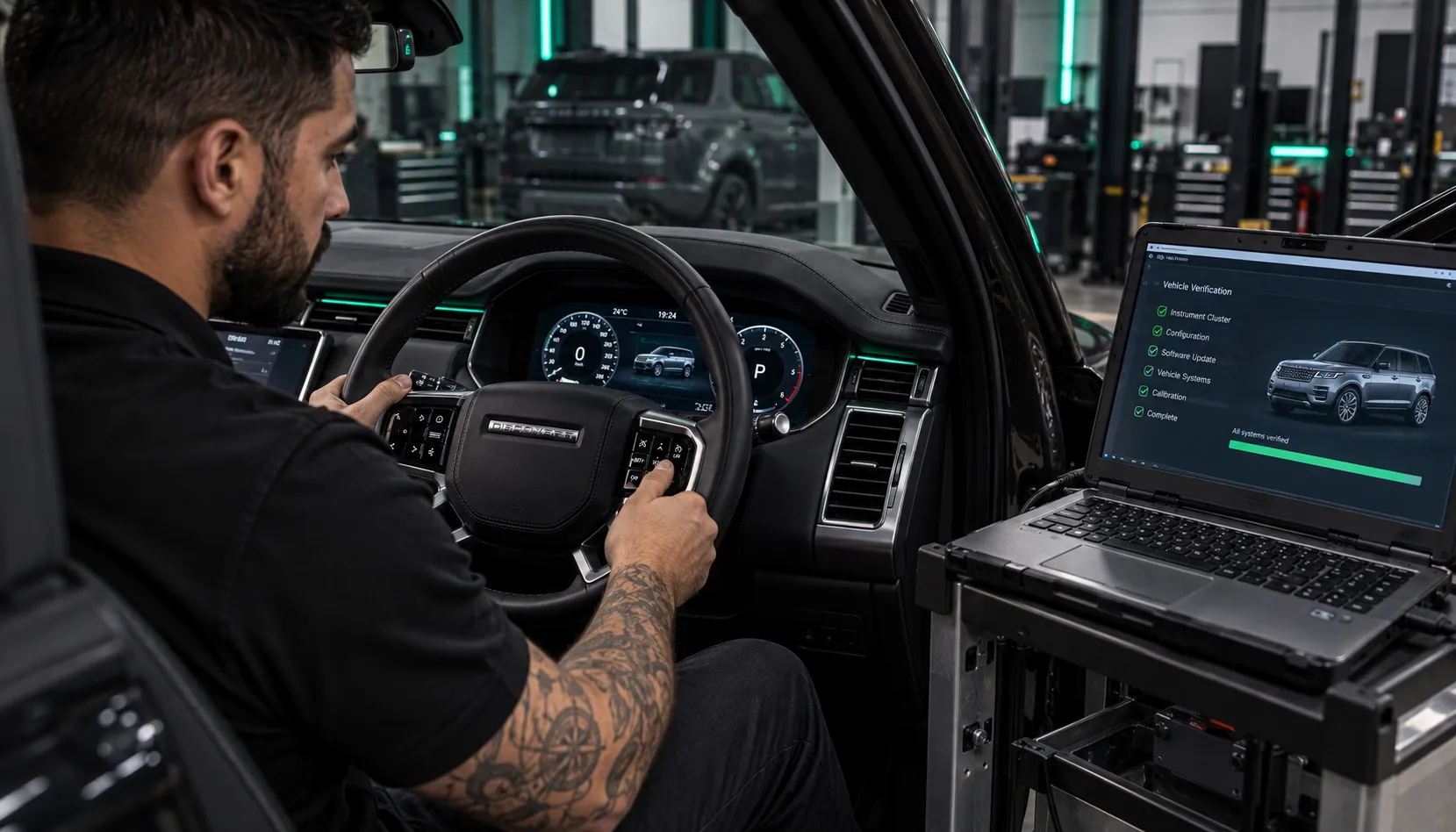 Factory-Trained Hands Behind Your Wheel Factory-trained JLR technician verifying a digital driver display retrofit in Capalaba Brisbane