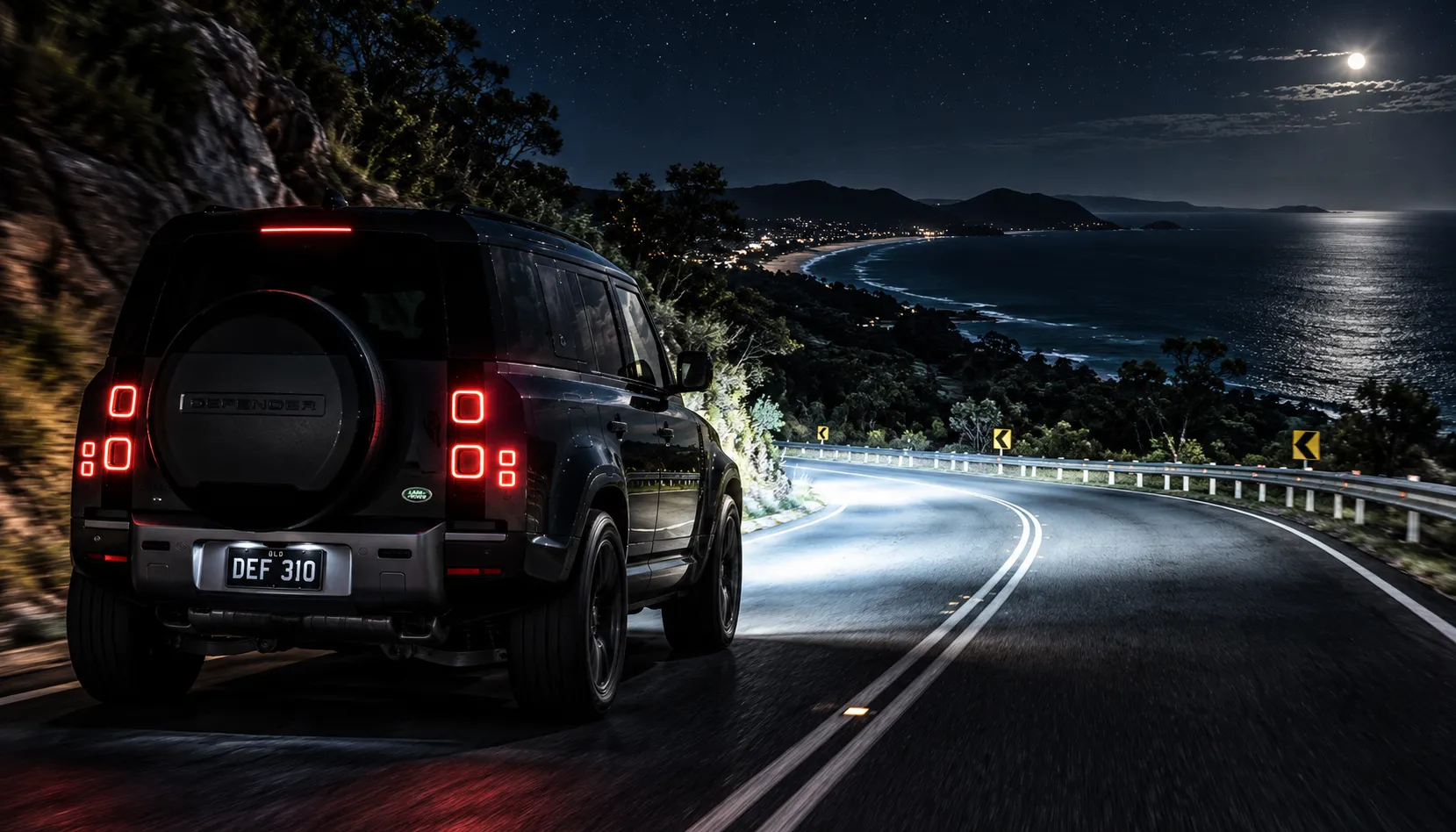 Ready to See What You Have Been Missing Defender with Matrix LED headlights on a coastal Queensland road at night