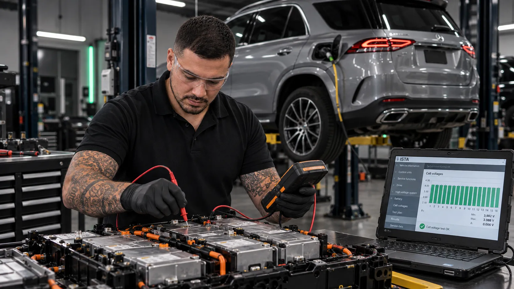 European Hybrid Battery Diagnostics Brisbane SemCar technician testing individual cell modules of a European plug-in hybrid battery pack with BMW ISTA cell voltage data on screen at the Capalaba workshop in Brisbane