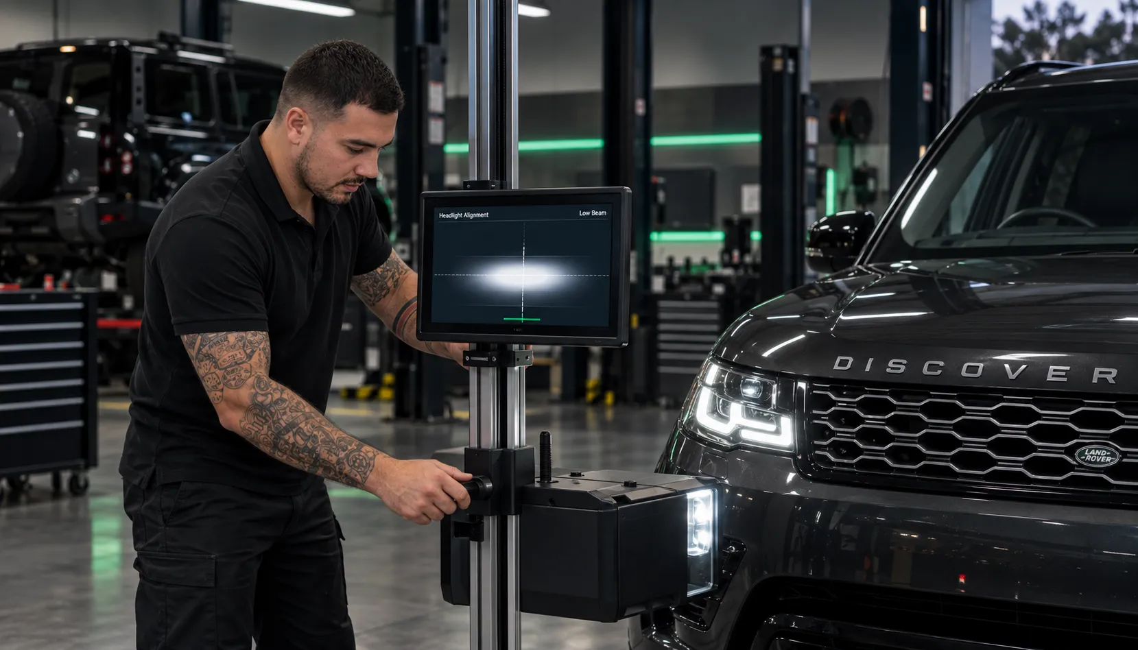 Factory-Trained Hands on Your Lights Factory-trained JLR technician setting Matrix LED beam aim in Capalaba Brisbane