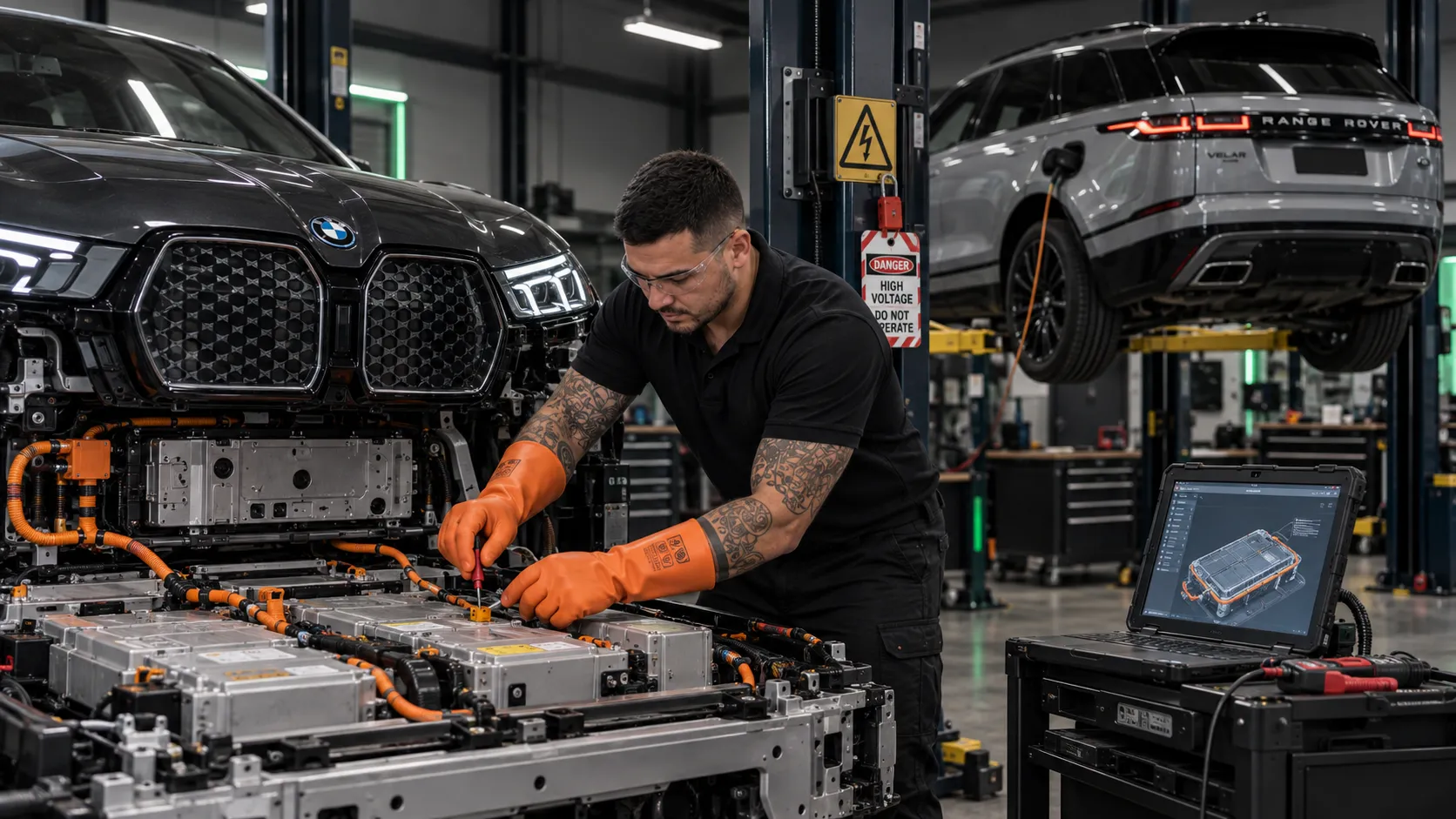 High-Voltage EV Battery Service Brisbane Qualified SemCar technician in insulated gloves servicing a BMW iX high-voltage battery pack under lockout procedures at the Capalaba European specialist workshop in Brisbane