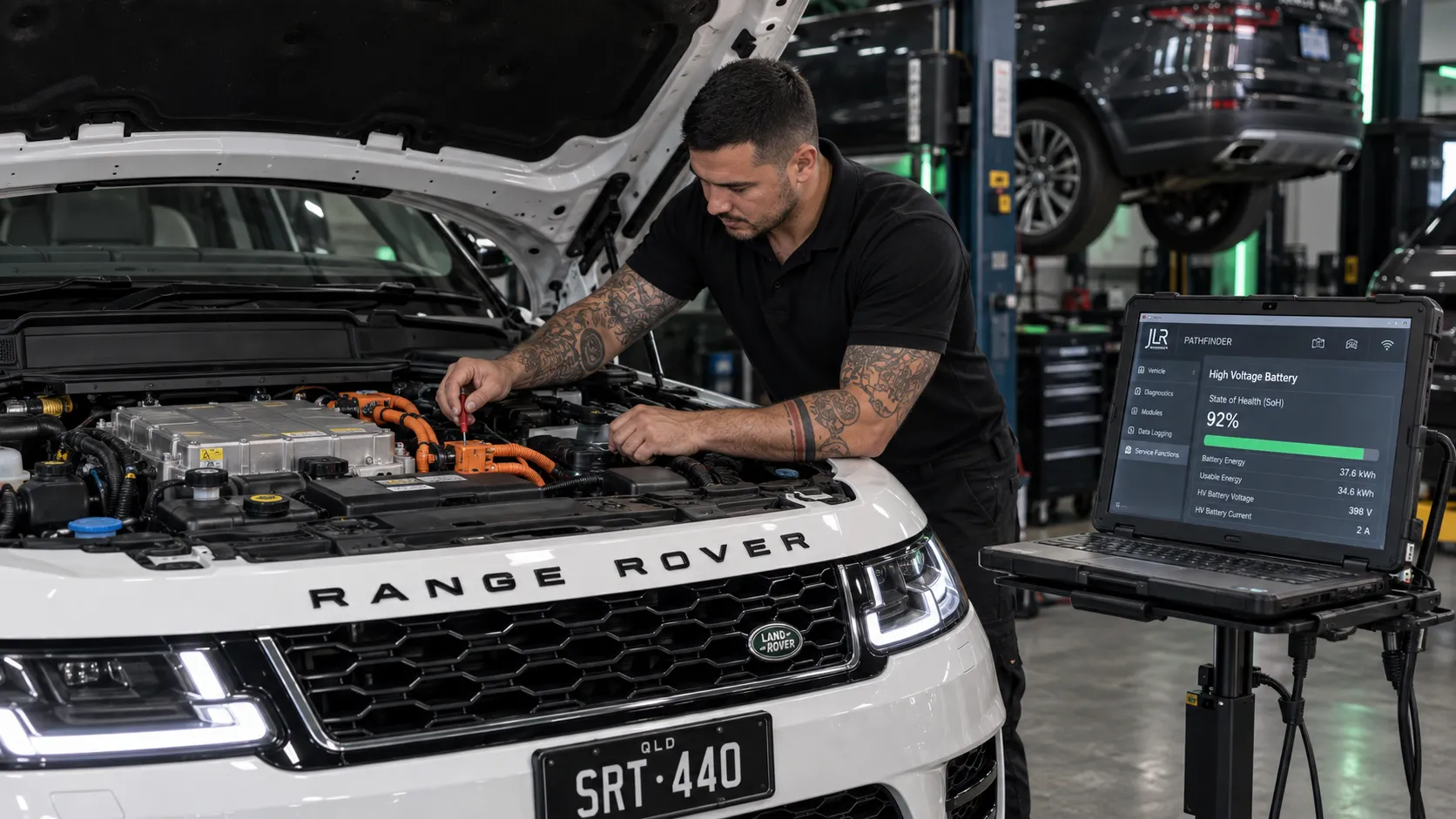 Land Rover and Jaguar Hybrid and EV Service Brisbane SemCar technician performing a high-voltage inspection on a Range Rover Sport P400e plug-in hybrid during a Land Rover hybrid logbook service at the Capalaba workshop in Brisbane