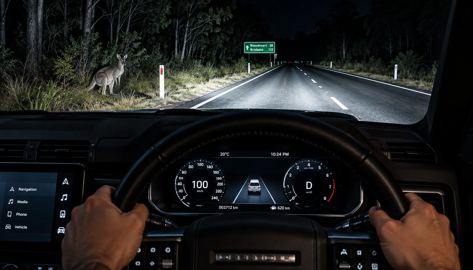 What Night Driving Becomes Matrix LED beam revealing wildlife at the roadside at night near Brisbane
