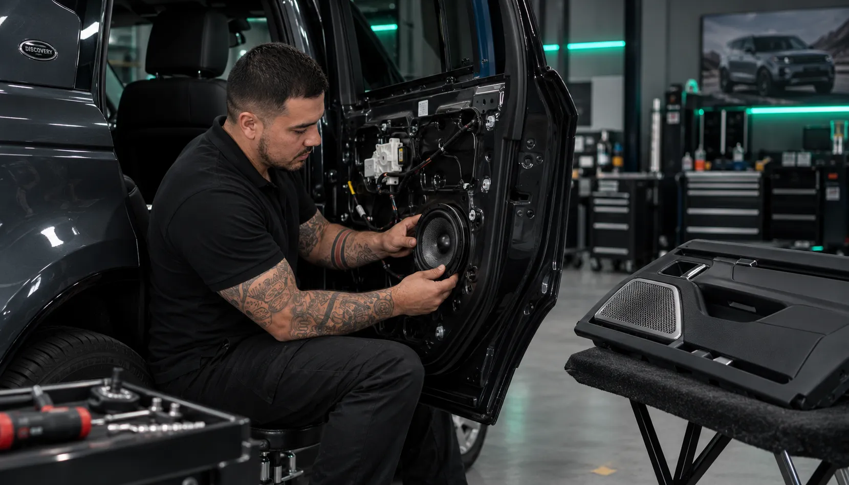 Factory-trained JLR technician fitting a Meridian speaker upgrade in Capalaba Brisbane