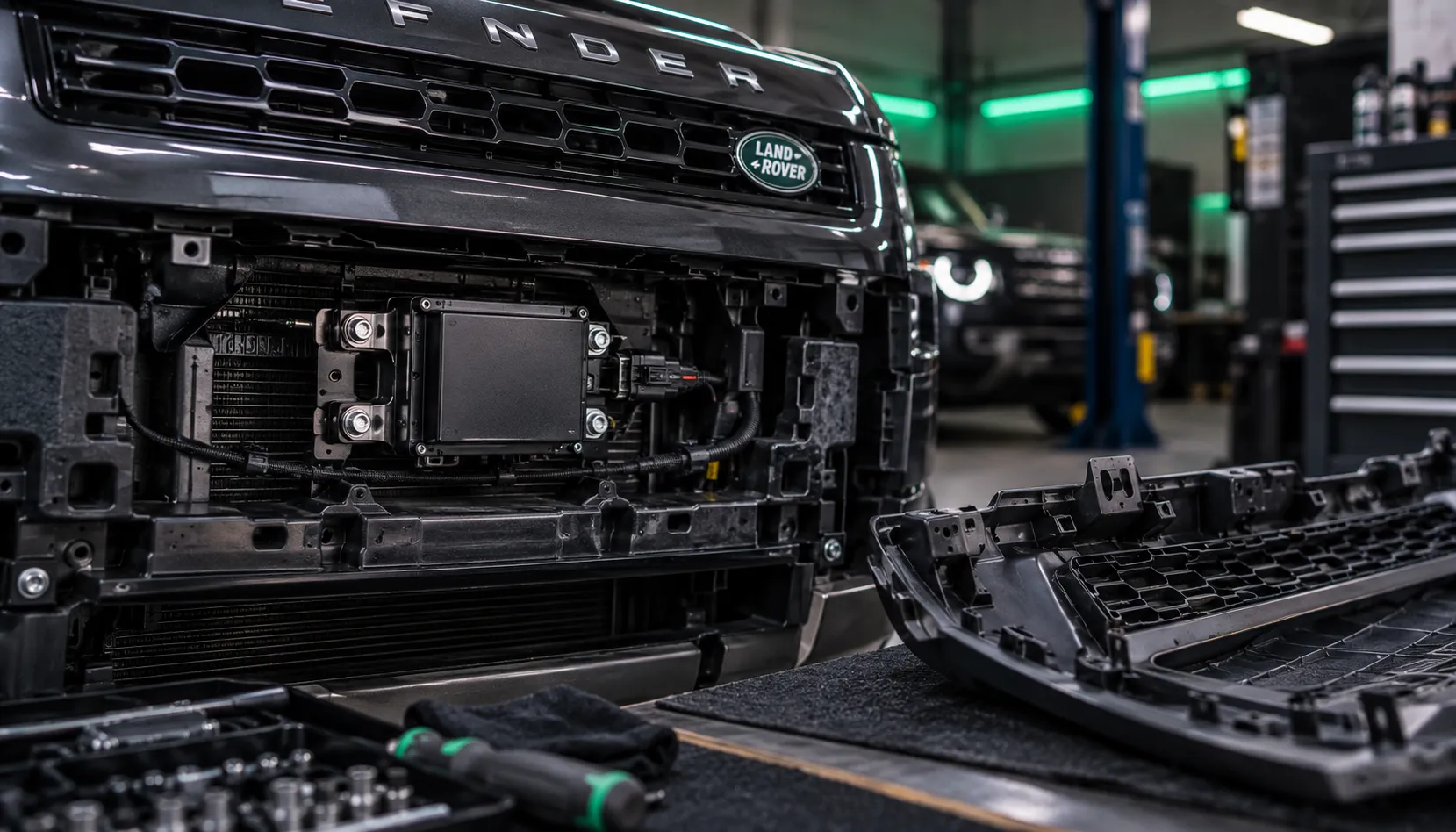 Why Your Build Might Have the Radar Already Forward radar sensor behind a Land Rover grille during ACC retrofit in Capalaba Brisbane