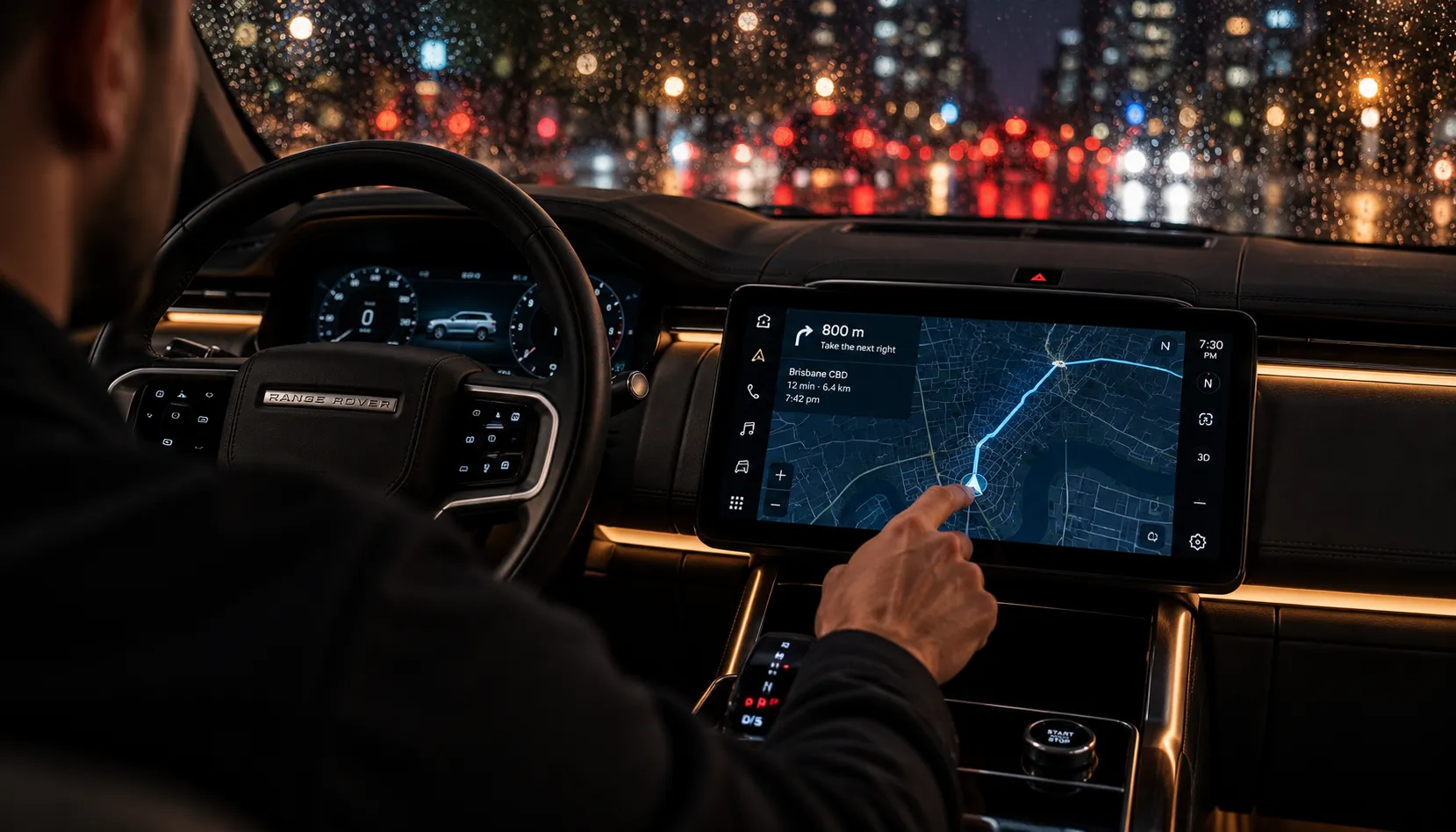 What Your Dash Was Designed For Driver using an upgraded 11.4-inch PIVI Pro curved screen in a Range Rover at night in Brisbane