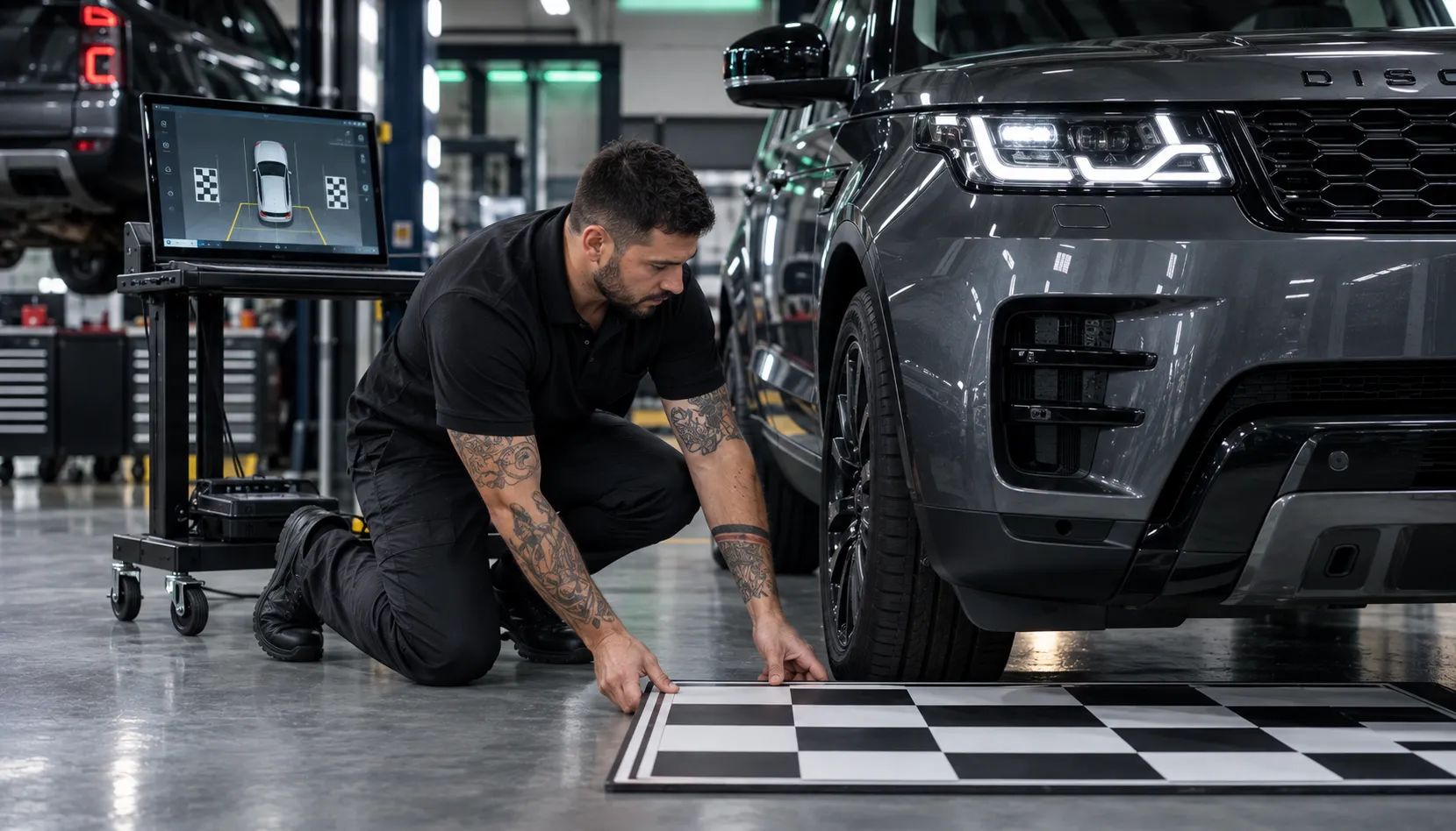 Factory-Trained Hands on Your Cameras Factory-trained JLR technician calibrating a 3D surround camera system with floor targets at the SemCar workshop in Capalaba Brisbane