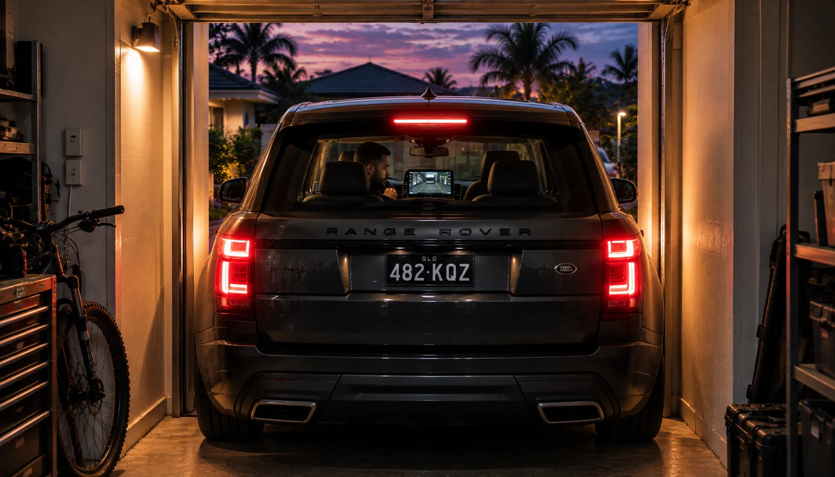 Ready to See Your Vehicle From Above Range Rover reversing into a narrow Brisbane garage at dusk guided by its 3D surround camera view